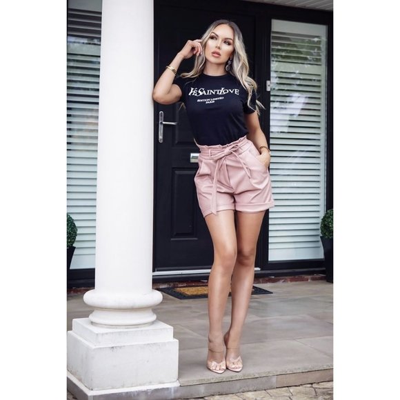 Pink PU Paperbag Waist Hem Shorts w/ Belt #1653 - Picture 2 of 5